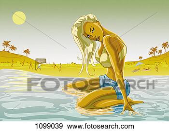 Stock Illustration - portrait of a 
young woman in 
shorts and a bikini 
top kneeling in 
the. fotosearch 
- search clipart, 
illustration, 
drawings and vector 
eps graphics images