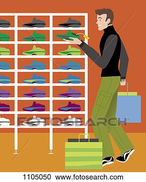 Stock Illustration - young man in a 
shoe shop choosing 
from a variety 
of shoes. fotosearch 
- search clipart, 
illustration, 
drawings and vector 
eps graphics images