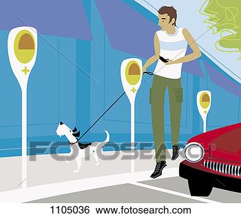 Stock Illustration - young man walking 
his dog in the 
city. fotosearch 
- search clipart, 
illustration, 
drawings and vector 
eps graphics images