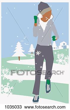 Drawing - young woman jogging 
in the snow. fotosearch 
- search clipart, 
illustration, 
drawings and vector 
eps graphics images