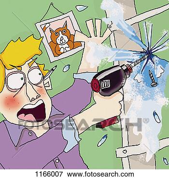 Stock Illustration - young man accidentally 
drilling the wall 
and water leaking 
out at home. fotosearch 
- search clipart, 
illustration, 
drawings and vector 
eps graphics images