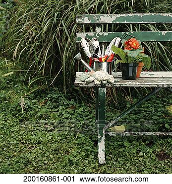 Stock Photography - gardening tools 
and gerber daisy 
(gerbera jamesonii) 
on bench. fotosearch 
- search stock 
photos, pictures, 
images, and photo 
clipart