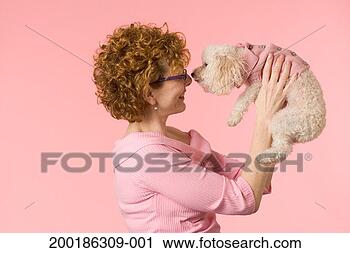 Stock Photography - mature woman holding 
miniature poodle, 
poodle licking 
woman's nose. 
fotosearch - search 
stock photos, 
pictures, images, 
and photo clipart