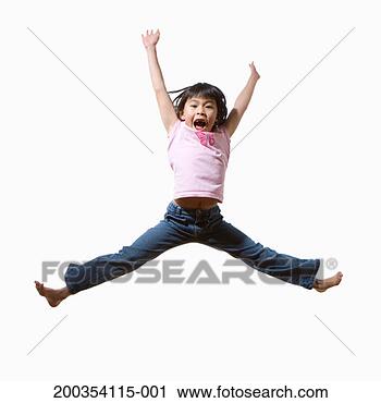 Stock Photography - girl (6-8) jumping 
in air, arms raised, 
portrait. fotosearch 
- search stock 
photos, pictures, 
images, and photo 
clipart