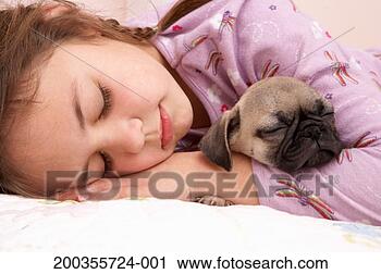 Stock Photography - girl (7-9) and 
pug puppy sleeping 
on bed, pug resting 
on girl's arm. 
fotosearch - search 
stock photos, 
pictures, images, 
and photo clipart