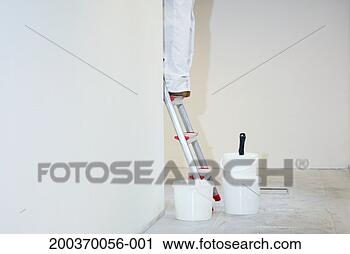 Stock Photography - man standing on 
stepladder, low 
section, paint 
pots on floor. 
fotosearch - search 
stock photos, 
pictures, images, 
and photo clipart