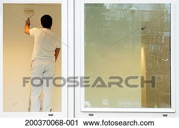 Stock Photography - man standing on 
stepladder painting 
wall, rear view, 
view from outside. 
fotosearch - search 
stock photos, 
pictures, images, 
and photo clipart
