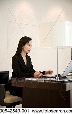 Stock Photography - businesswoman 
using laptop at 
desk in office, 
side view. fotosearch 
- search stock 
photos, pictures, 
images, and photo 
clipart