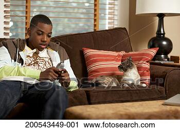 Stock Photography - cat lying beside 
teenage boy (14-16) 
using cell phone 
on sofa. fotosearch 
- search stock 
photos, pictures, 
images, and photo 
clipart