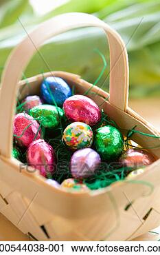Stock Photography - chocolate eggs 
in easter basket, 
elevated view. 
fotosearch - search 
stock photos, 
pictures, images, 
and photo clipart