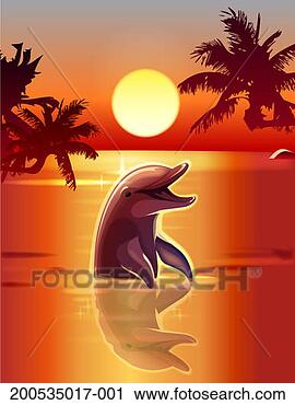 Stock Photography - dolphin in sea 
at sunset, palm 
trees in background. 
fotosearch - search 
stock photos, 
pictures, images, 
and photo clipart
