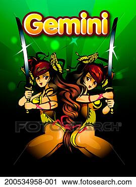 Stock Photography - 'gemini' above 
two anime female 
twins holding 
swords, side view. 
fotosearch - search 
stock photos, 
pictures, images, 
and photo clipart