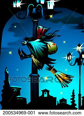 Stock Photography - la befana flying 
on broom at night, 
crashing into 
street light. 
fotosearch - search 
stock photos, 
pictures, images, 
and photo clipart