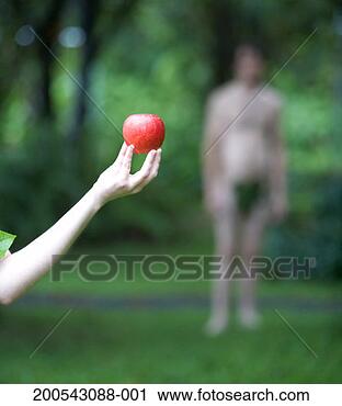 Stock Photography - woman holding 
apple in forest, 
man in background 
(focus on apple). 
fotosearch - search 
stock photos, 
pictures, images, 
and photo clipart