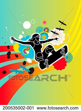 Stock Photography - young female skateboarder 
in midair, arms 
outstretched. 
fotosearch - search 
stock photos, 
pictures, images, 
and photo clipart