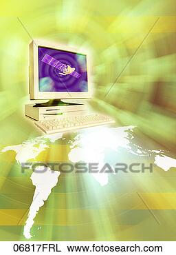 Stock Photo - computer and map 
of world. fotosearch 
- search stock 
photos, pictures, 
images, and photo 
clipart