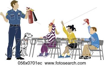 Clipart - firefighter teaching 
children fire 
safety  ' color 
 ' grouped elements. 
fotosearch - search 
clipart, illustration, 
drawings and vector 
eps graphics images