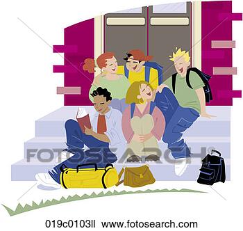 Clipart - group of students 
sitting on school 
entrance steps, 
color. fotosearch 
- search clipart, 
illustration, 
drawings and vector 
eps graphics images
