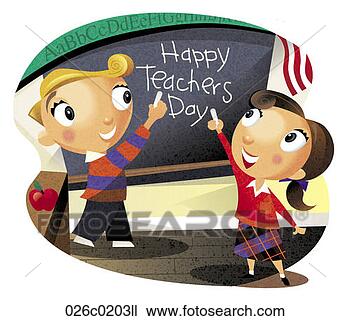 Clipart - two children pointing 
at a chalkboard 
that reads 