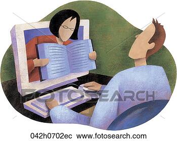 Clipart - woman opening 
a book from inside 
a computer, color, 
high res. fotosearch 
- search clipart, 
illustration, 
drawings and vector 
eps graphics images