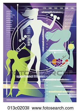 Clipart - a montage of female 
bodies exercising, 
 drinking,  and 
eating with. fotosearch 
- search clipart, 
illustration, 
drawings and vector 
eps graphics images