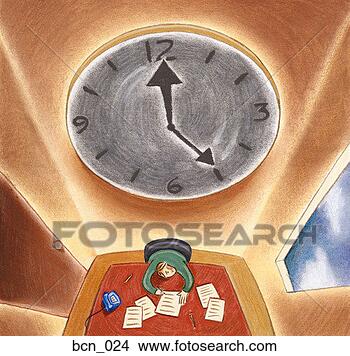 Stock Illustration - man working on 
documents at desk, 
 looking up at 
large clock looming. 
fotosearch - search 
clipart, illustration, 
drawings and vector 
eps graphics images