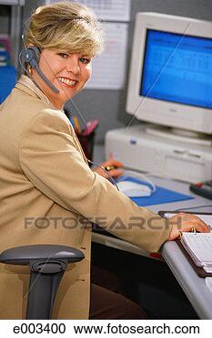 Stock Photography - smiling woman 
with headset, 
turning. fotosearch 
- search stock 
photos, pictures, 
images, and photo 
clipart