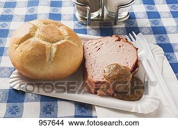 Stock Photo - leberk se with 
bread roll & mustard 
on paper plate. 
fotosearch - search 
stock photos, 
pictures, images, 
and photo clipart