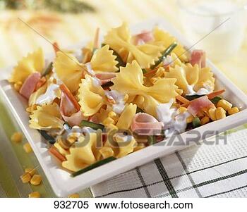 Stock Image - farfalle with 
sweetcorn and 
strips of ham. 
fotosearch - search 
stock photos, 
pictures, images, 
and photo clipart