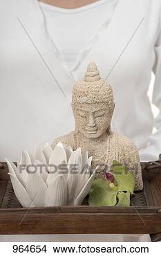 Stock Photo - woman holding 
statue of buddha, 
candle and orchid 
on tray. fotosearch 
- search stock 
photos, pictures, 
images, and photo 
clipart