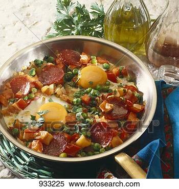 Stock Image - fried eggs, sausage 
and vegetables 
in frying pan. 
fotosearch - search 
stock photos, 
pictures, images, 
and photo clipart