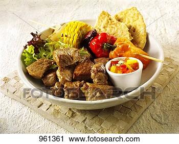 Stock Photography - grilled beef with 
vegetable kebab, 
salsa and flatbread. 
fotosearch - search 
stock photos, 
pictures, images, 
and photo clipart