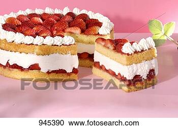 Stock Photography - a strawberry cream 
cake with a piece 
cut. fotosearch 
- search stock 
photos, pictures, 
images, and photo 
clipart