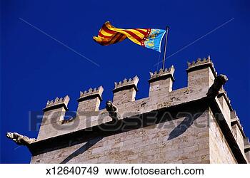 Stock Photograph - spain, valencia, 
la lonja and flag 
of comunidad valencia. 
fotosearch - search 
stock photos, 
pictures, images, 
and photo clipart