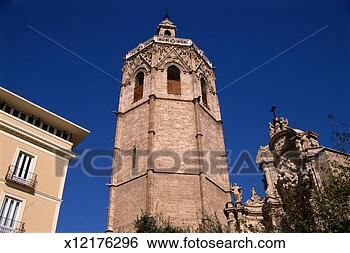Stock Photo - spain, valencia, 
valencia cathedral 
bell tower low 
angle view. fotosearch 
- search stock 
photos, pictures, 
images, and photo 
clipart