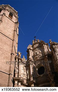 Stock Photo - spain, valencia, 
valencia cathedral 
bell tower and 
facade. fotosearch 
- search stock 
photos, pictures, 
images, and photo 
clipart