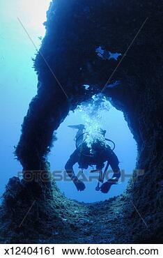 Stock Photography - scuba diver with 
bubbles swimming 
through hole in 
rock. fotosearch 
- search stock 
photos, pictures, 
images, and photo 
clipart