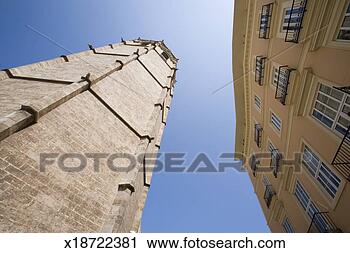 Stock Photography - spain, valencia, 
cathedral tower 
el miguelet, low 
angle view. fotosearch 
- search stock 
photos, pictures, 
images, and photo 
clipart