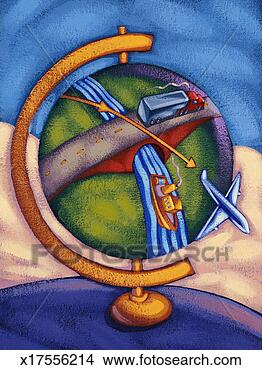 Stock Illustration - globe with truck 
driving over it, 
 boat sailing 
on it,  and airplane. 
fotosearch - search 
clipart, illustration, 
drawings and vector 
eps graphics images