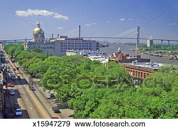 Stock Photograph - usa, georgia, 
savannah, east 
bay street, city 
hall and savannah 
river. fotosearch 
- search stock 
photos, pictures, 
images, and photo 
clipart