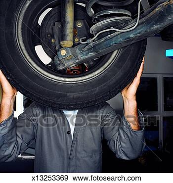 Stock Photograph - front view portrait 
of mechanic adjusting 
wheel of car. 
fotosearch - search 
stock photos, 
pictures, images, 
and photo clipart