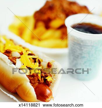 Stock Photography - close-up of hotdog 
and chili french-fries 
with cold drink. 
fotosearch - search 
stock photos, 
pictures, images, 
and photo clipart