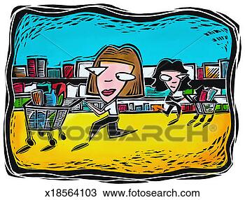 Drawing - women at supermarket. 
fotosearch - search 
clipart, illustration, 
drawings and vector 
eps graphics images