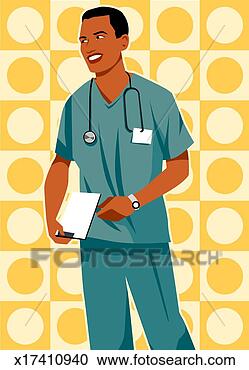 Stock Illustration - male nurse holding 
clipboard. fotosearch 
- search clipart, 
illustration, 
drawings and vector 
eps graphics images