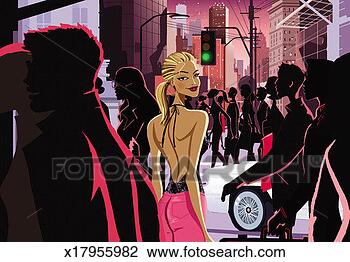 Clip Art - woman walking 
through a crowded 
urban street at 
night. fotosearch 
- search clipart, 
illustration, 
drawings and vector 
eps graphics images