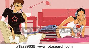 Stock Illustration - woman writing 
with another woman 
listening to music 
and reading a. 
fotosearch - search 
clipart, illustration, 
drawings and vector 
eps graphics images