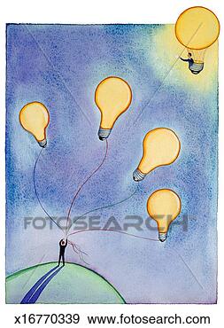 Stock Illustration - man on hilltop, 
 holding string 
of floating lightbulbs, 
 waving to. fotosearch 
- search clipart, 
illustration, 
drawings and vector 
eps graphics images