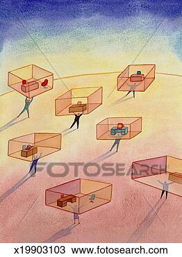 Drawing - men and woman 
carrying transparent 
boxes containing 
desks,  computers. 
fotosearch - search 
clipart, illustration, 
drawings and vector 
eps graphics images