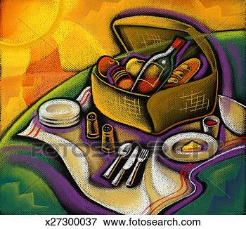 Stock Illustration - picnic basket 
with bread,  wine 
and fruit; cutlery, 
 plates and. fotosearch 
- search clipart, 
illustration, 
drawings and vector 
eps graphics images