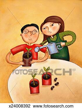 Clip Art - boy holding potted 
plant; girl watering 
it. fotosearch 
- search clipart, 
illustration, 
drawings and vector 
eps graphics images